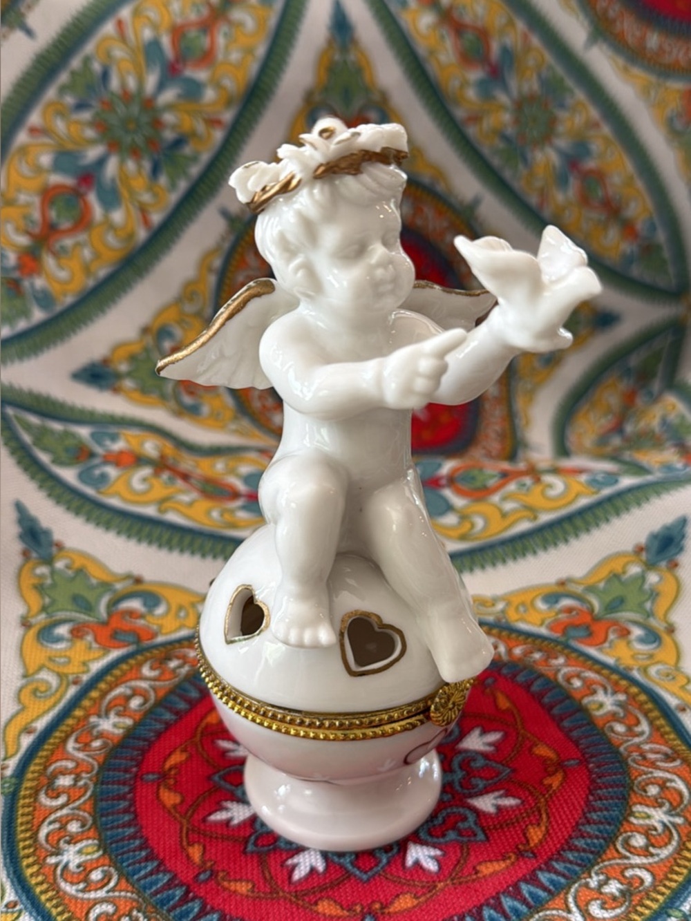 Vintage White Porcelain Cherub Trinket with Gold Accents